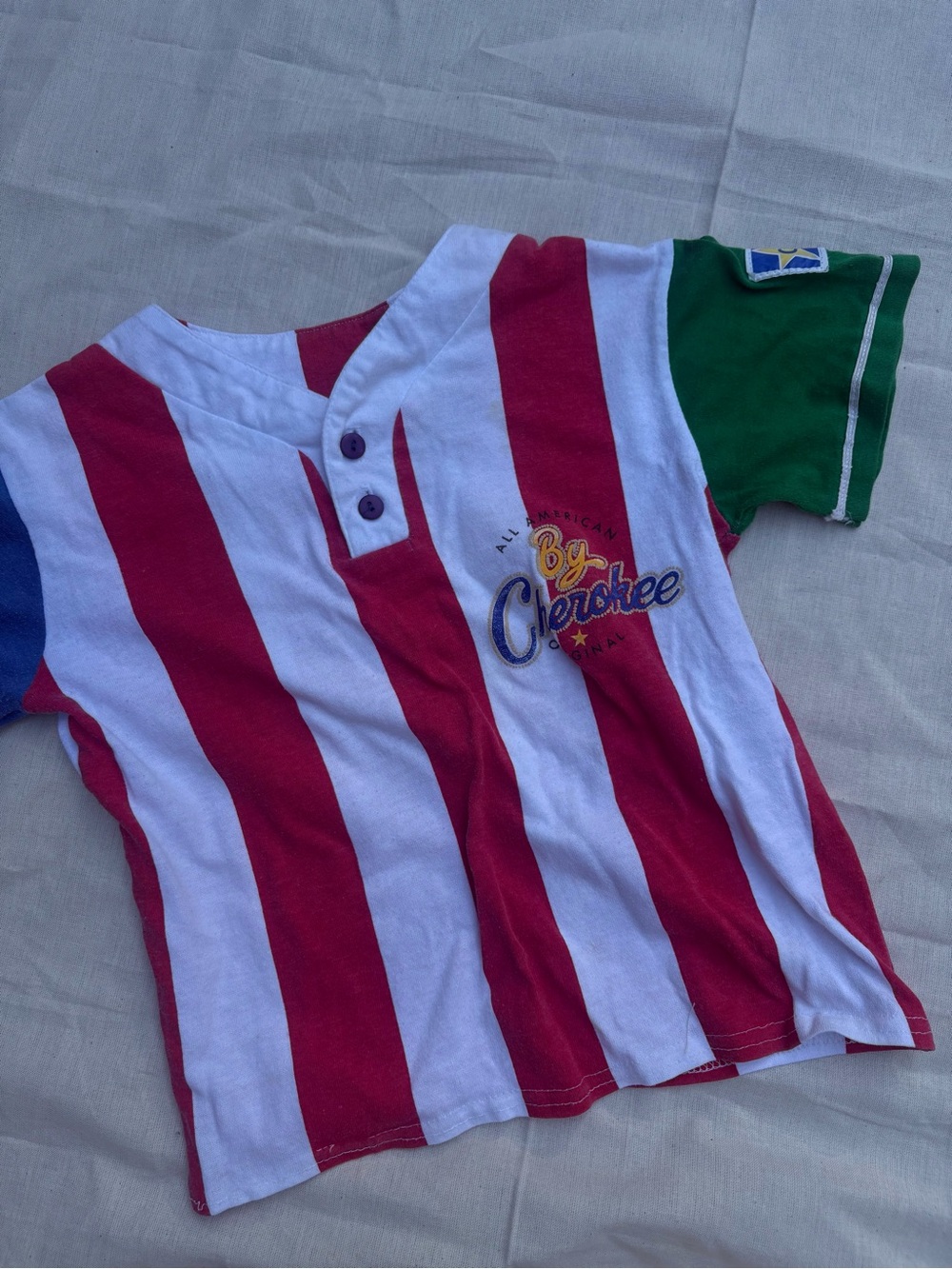 Cherokee Red & White Striped Henley Tee with Green Sleeve